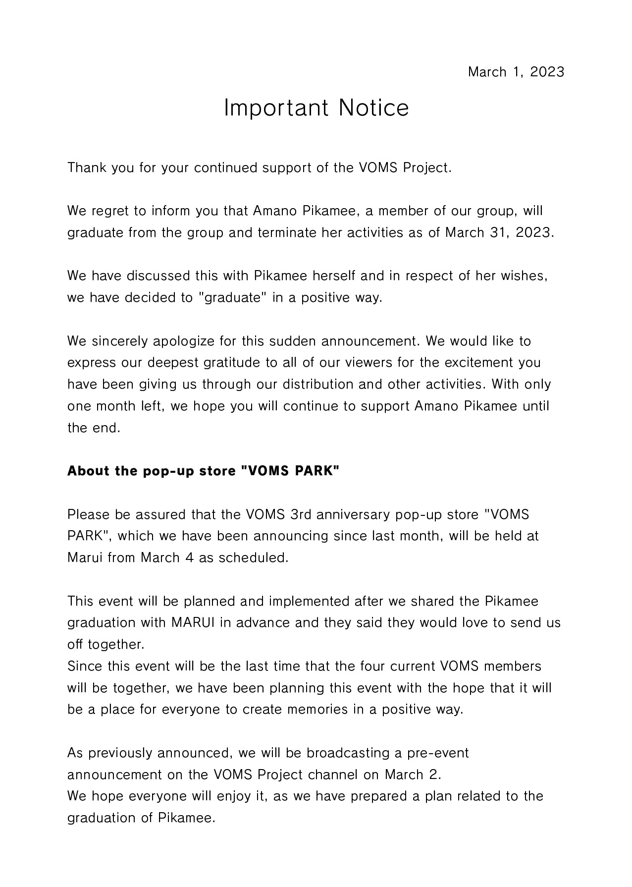 Takoluka on X: I keep on seeing tweets stating that Pikamee must have  planned this Graduation months ago based on the English TL of the VOMS  announcement. That is a clear misrepresentation