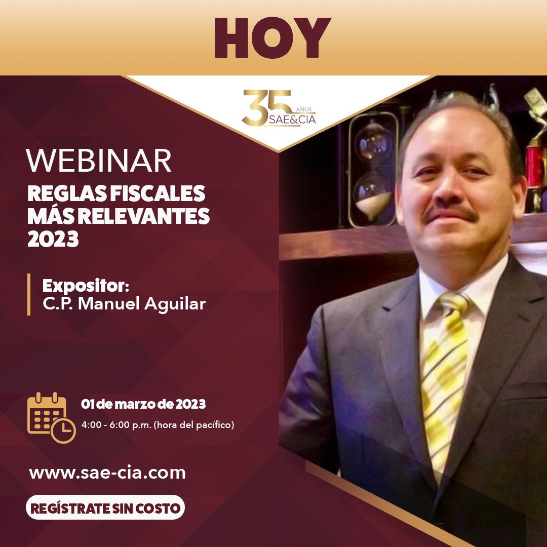 🔻HOY: aún puedes registrarte!!
Conoce las Reglas Fiscales Más Relevantes para el 2023, con nuestro socio fundador, C.P. Manuel Aguilar. 
Regístrate sin costo hoy en:  
us02web.zoom.us/webinar/regist…

🗓 La cita es el 01 de marzo de 4:00 a 6:00 pm, hora del Pacífico.

#Fiscal #SHCP