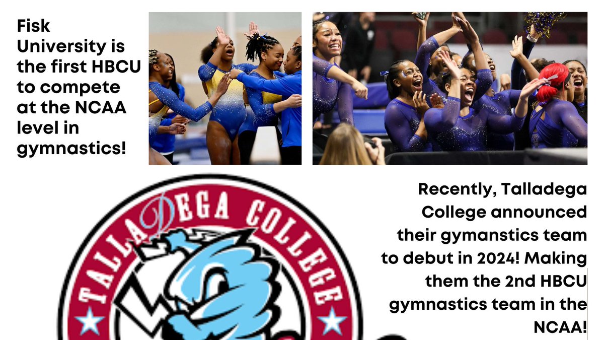 2023, Fisk University made history as the 1st (HBCU) to compete at the NCAA level in gymnastics.  A docuseries is being made by Deborah Riley Draper &amp; Wiip that will follow the team through their 1st season. Recently, Talladega College announced its 2024 gymnastics team.