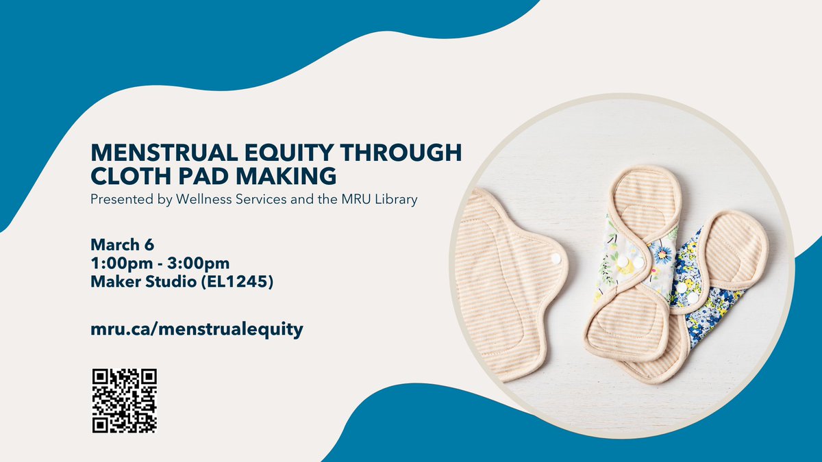 Join us in the Maker Studio on March 6 along with partners <a href="/MRULiveWell/">Wellness @ MRU</a> to learn about how period poverty impacts those who menstruate. You'll also learn how to make your own reusable cloth pads, which you can keep or donate to <a href="/SAMRUBuzz/">Students' Association of Mount Royal University</a> Care Cupboards!
mru.ca/menstrualequity