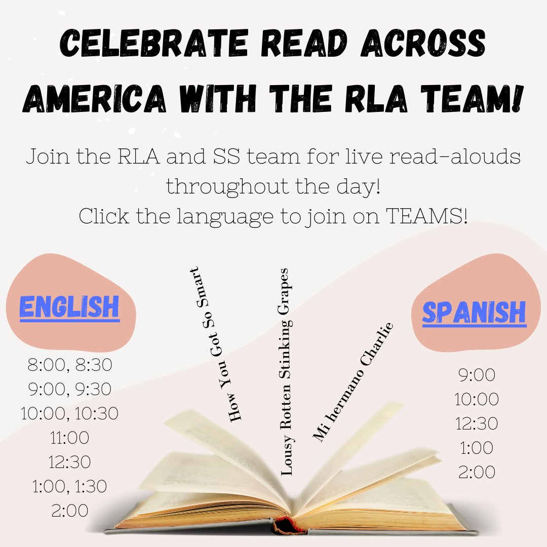 Celebrate Read Across America with us tomorrow and join the RLA department for live read-alouds in both English and Spanish! We can't wait to read with you! Find the links here: English - teams.microsoft.com/l/meetup-join/… Spanish - teams.microsoft.com/l/meetup-join/…