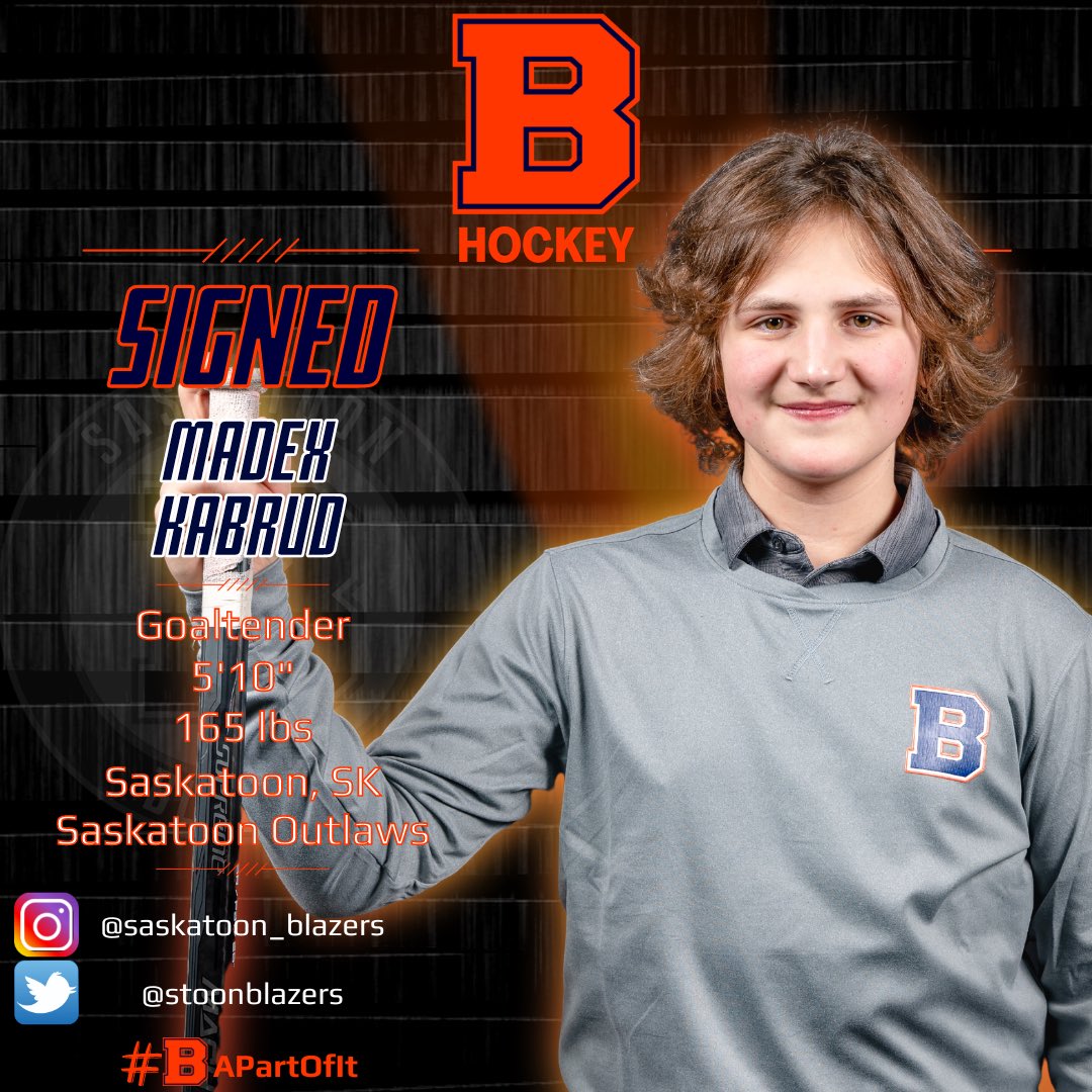 stoonblazers's tweet photo. The Blazers are excited to announce the signing of ‘08 (G) Madex Kabrud for the ‘23-‘24 season.

Madex finished the U15AA Season with 11 W’s, 3 SO’s &amp; a .922 SV%. His 3 SO &amp; .922 SV% we’re 2nd in SK U15AA.

Welcome to the Blazers Family Madex!

#BlazersHockey🔥🔥🔥

#BAPartOfIt https://t.co/JvKAXaqCGe