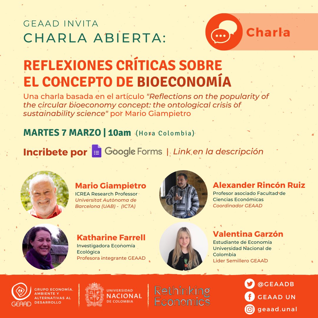 Les recordamos esta charla, ¡será dentro de pocos días!. Estará el Investigador del <a href="/ICTA_UAB/">ICTA-UAB</a> Mario Giampietro y hablaremos sobre “bioeconomía”. Están tod@s invitados, inscríbete en: acortar.link/6GBYih. 
<a href="/rethinkecon/">Rethinking Economics</a> <a href="/deamericasoy/">De América Soy</a> <a href="/fceunal/">Facultad Ciencias Económicas UNAL</a> @CIDUnal