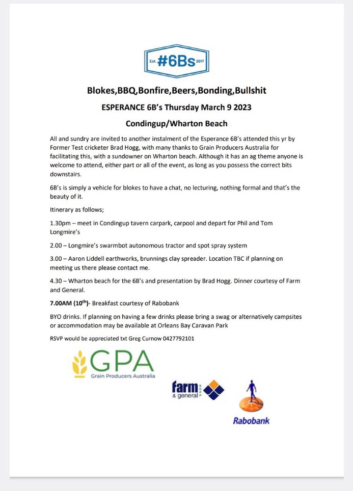 Really looking forward to getting to Esperance next week with <a href="/Brad_Hogg/">Brad Hogg</a> to join the blokes who are getting together for a #6Bs day/night organised by <a href="/CurnowGreg/">Greg curnow</a>
Please let Greg know if you are heading along and hope to see you during the day or at Wharton beach that night