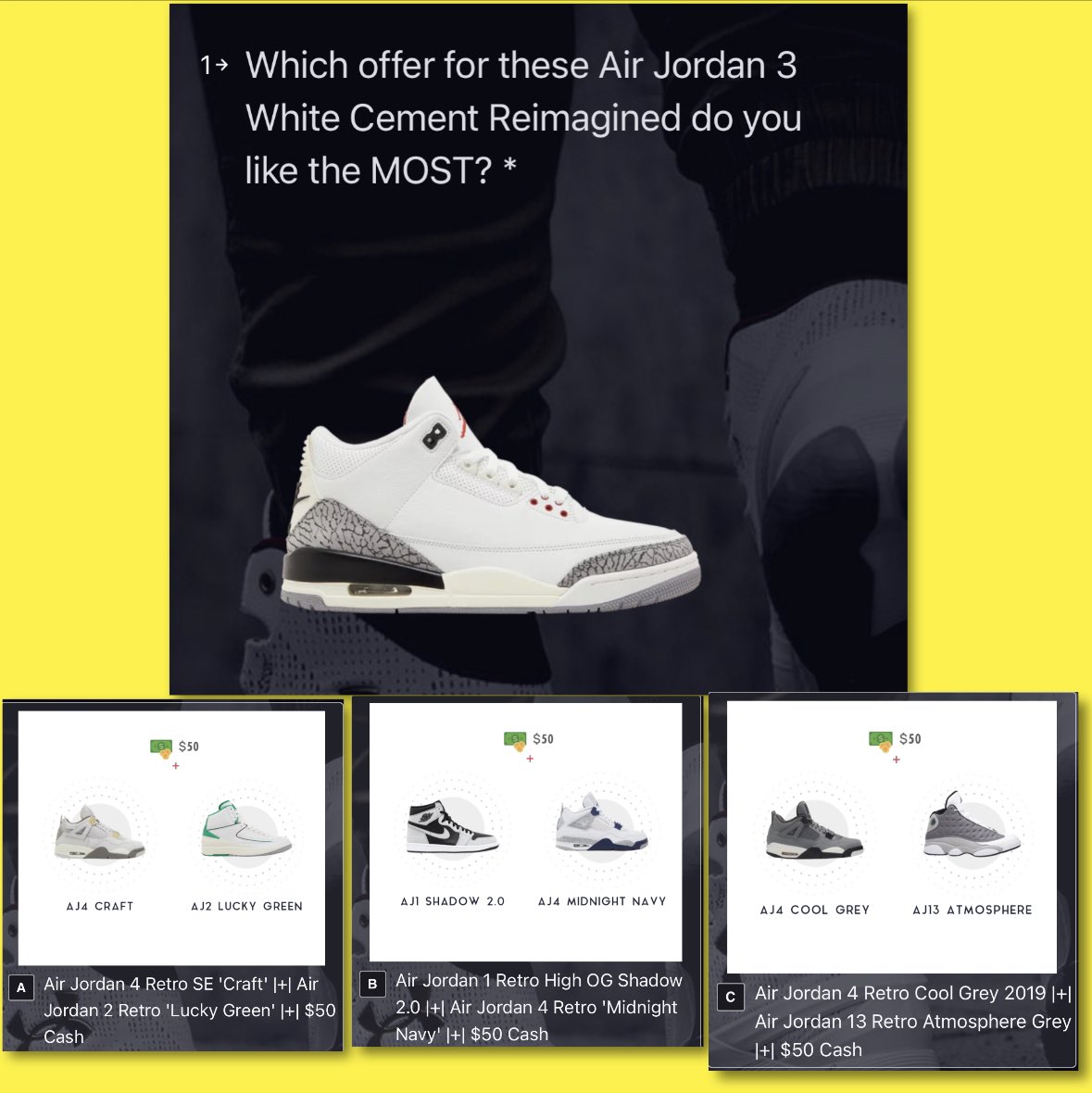 Who’s taking home a pair of Jordan 3 Reimagined? Cast your votes for last weekends Swap to Cop winner! form.typeform.com/to/N8AEEKiM #unboxedapp