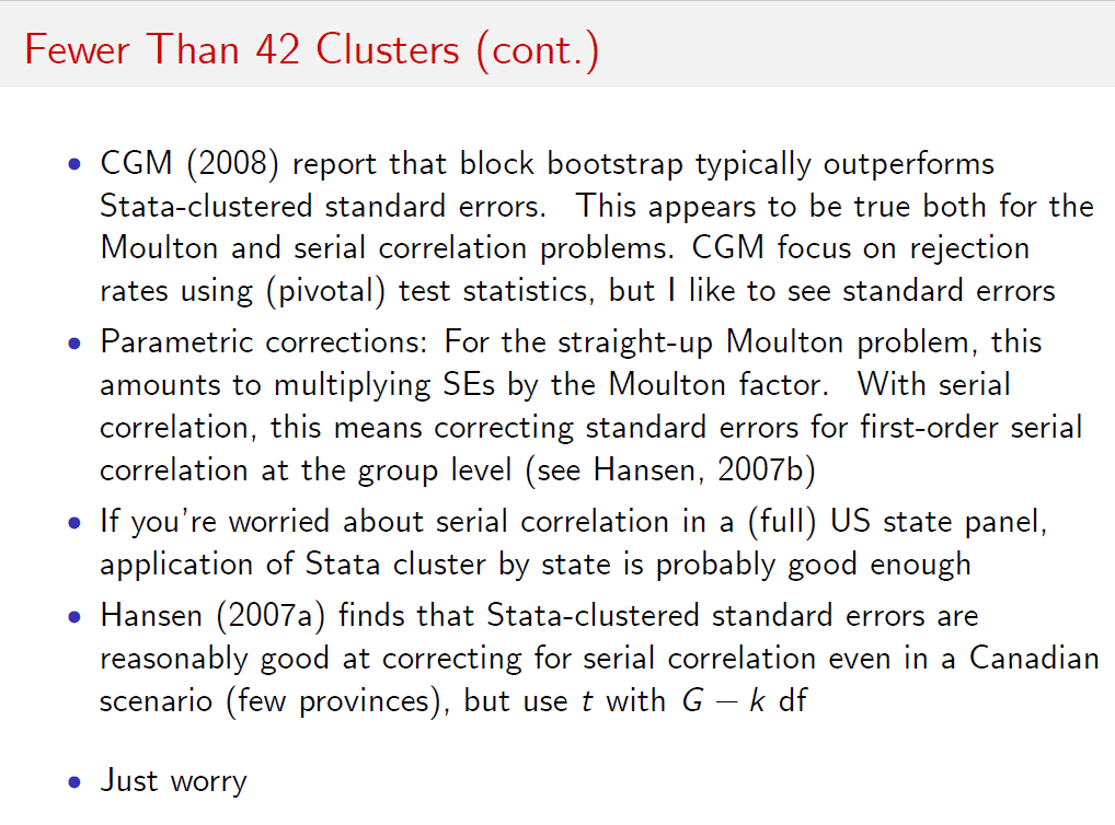 instrumenthull's tweet photo. While prepping some slides on when/how to cluster your SEs, I came across this gem of a final bullet point from @metrics52's grad class (c. 2014)

On the right, my updated take (c/o @KhoaVuUmn) https://t.co/8h7F9cRnkd