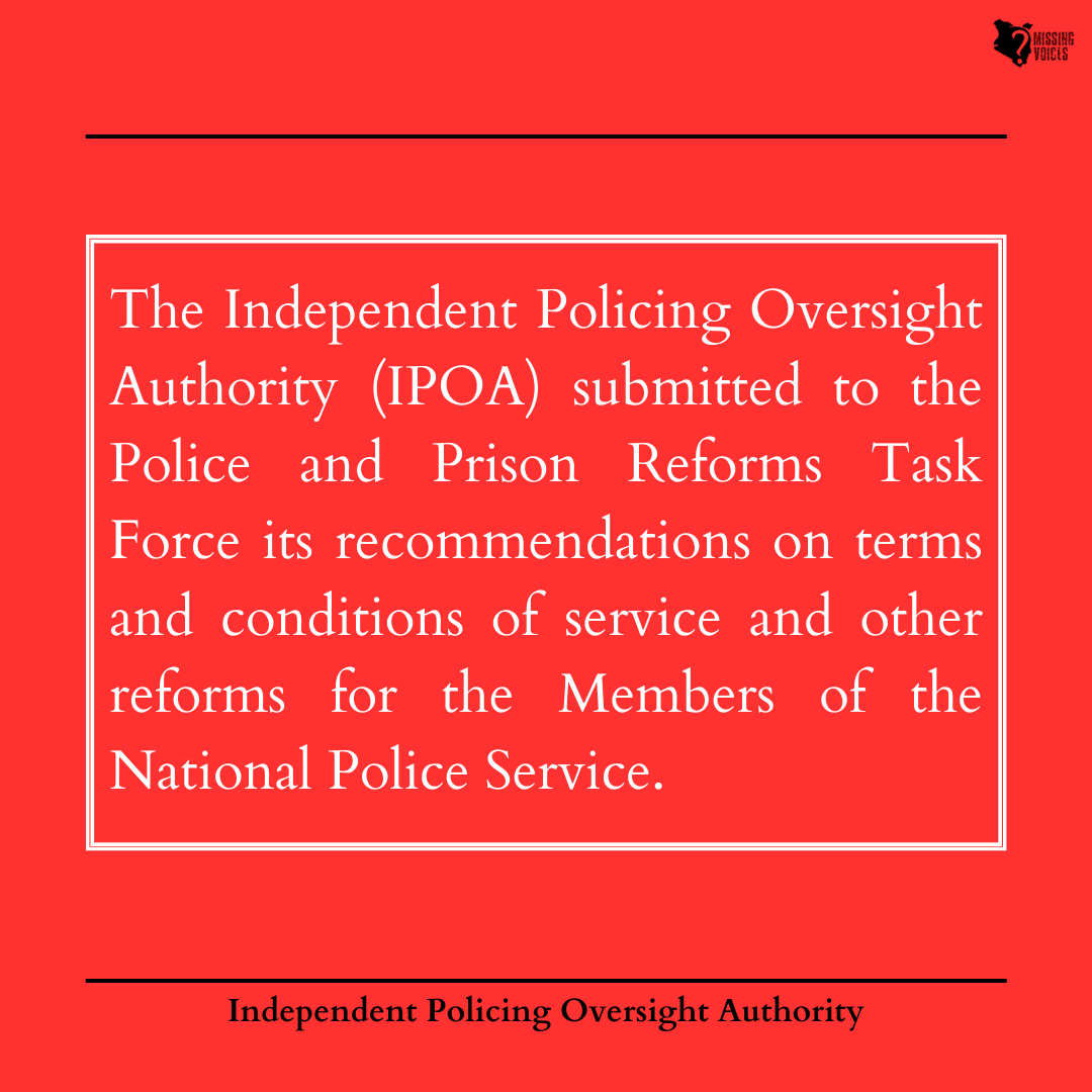 MissingVoicesKE's tweet photo. The Independent Policing Oversight Authority (IPOA) on Wednesday submitted to the Police and Prison Reforms Task Force its recommendations on terms and conditions of service and other reforms for the Members of the National Police Service. https://t.co/MuiCCwQf2Y
