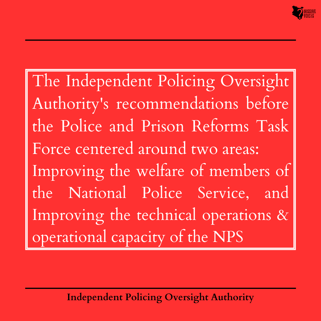 MissingVoicesKE's tweet photo. The Independent Policing Oversight Authority (IPOA) on Wednesday submitted to the Police and Prison Reforms Task Force its recommendations on terms and conditions of service and other reforms for the Members of the National Police Service. https://t.co/MuiCCwQf2Y