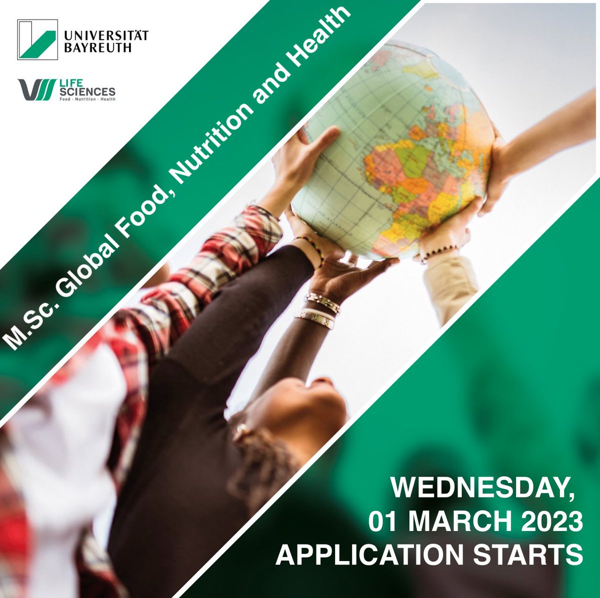 We will start accepting applicants for the winter semester 2023/24 from March 1st  for our Master's Programme "Global Food, Nutrition and Health" : globalfood.uni-bayreuth.de/en/index.html
⁠Applications can be submitted till June 15, 2023.⁠
⁠
