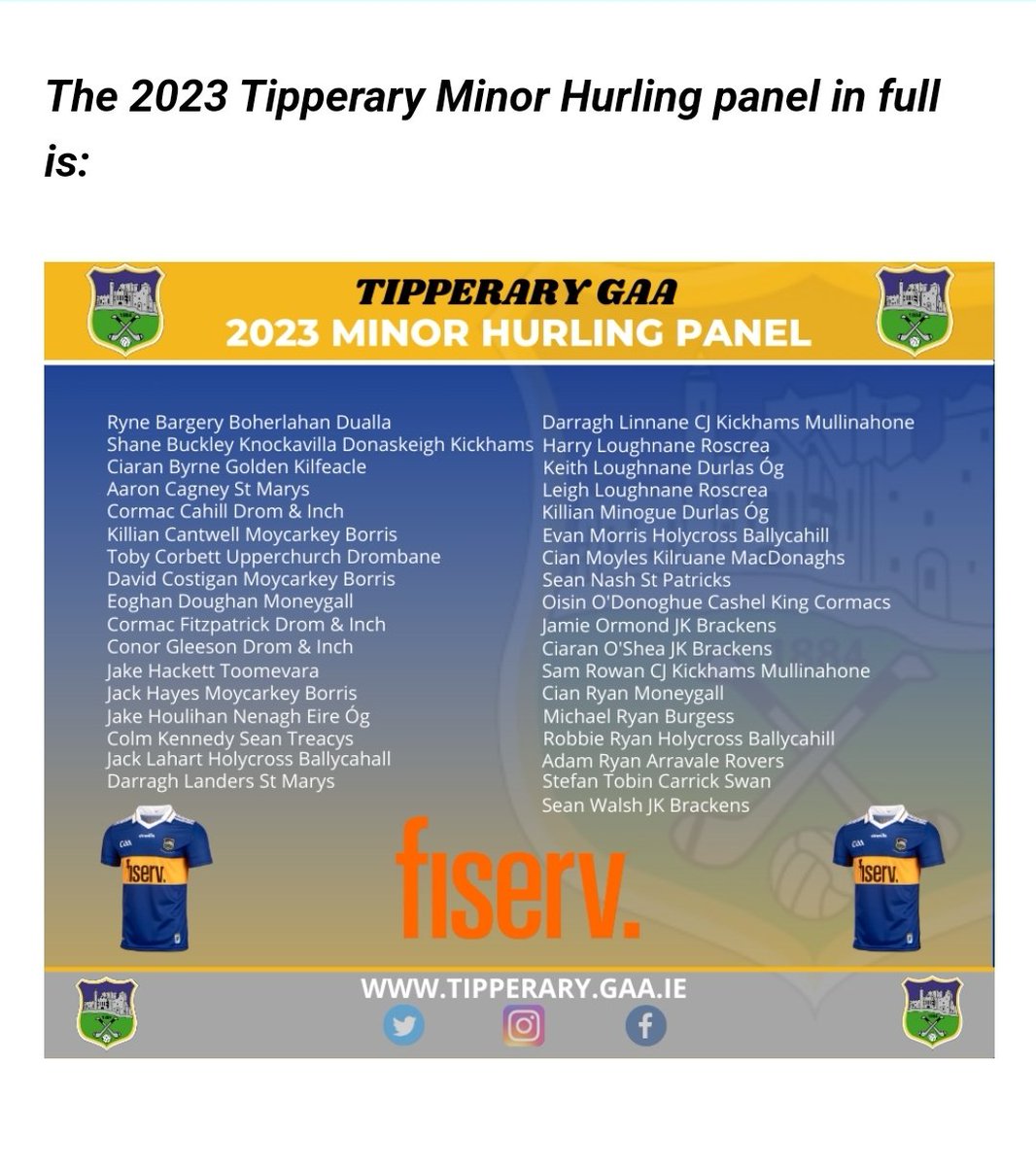Congrats to  Jamie Ormond who has been named Tipperary Minor Hurling captain for 2023. Well done also to Ciaran O' Shea &amp; Sean Walsh who are part of the panel &amp; to selector Ray Doyle.
Go neiri libh 🔵🟡