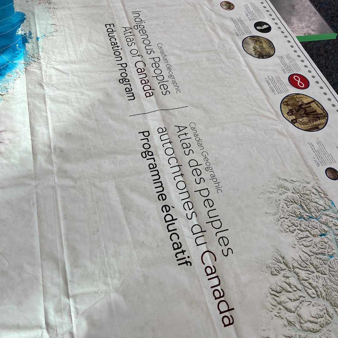 Today some of our Social Studies Studies classes featured a @CanGeoEdu  Giant Floor Map! This map shows the locations of Indigenous communities, residential schools, reserves and more. This map shows Canada broken up by Indigenous language groups #hhhs #rdpsd