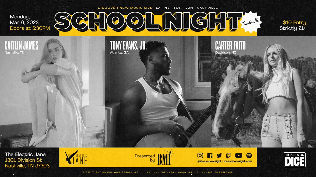Thrilled to be launching our first ever School Night Nashville, early evening this Monday March 6th at The Electric Jane, just off Music Row.

Doors 5:30p
Caitlin James 6p
<a href="/carterxfaith/">Carter Faith</a> 7p
<a href="/itsTonyEvansJr/">Tony Evans Jr.</a> 8p

DJ sets by me!

link.dice.fm/tab8a5297d7f
@itsaschoolnight