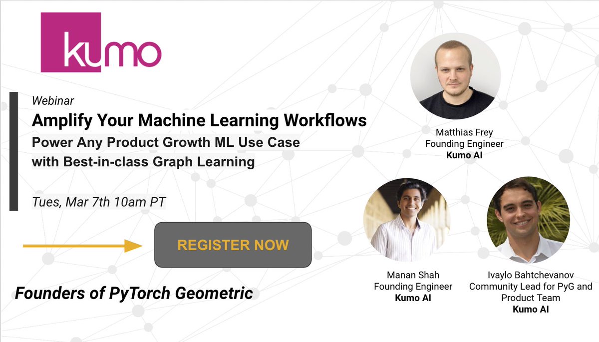 Kumo_ai_team's tweet photo. Interested in embedding #graphlearning? This webinar workshop will ease your journey into operationalized graph learning https://t.co/ybusHLUCPV 

#MachineLearning #MLOps #DeepLearning #GraphNeuralNetwork #PyTorchGeometric https://t.co/SymTAuaoyU
