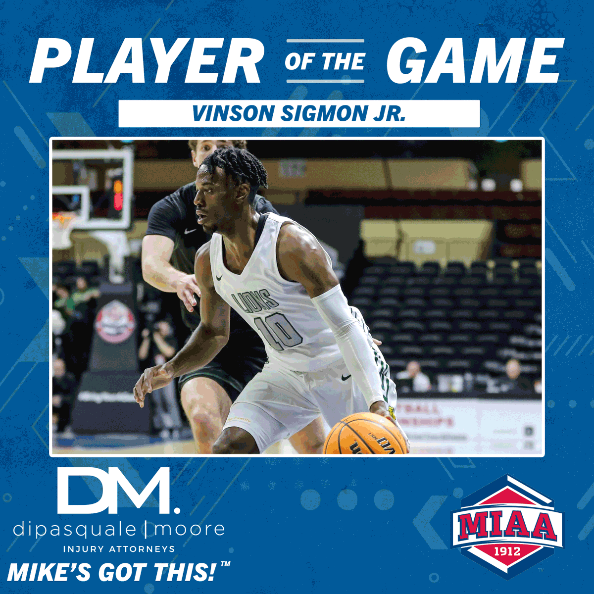 TheMIAA's tweet photo. Game #2⃣ is in the books. Your Mike's Got This Player of the Game is @MSSUMensBball's Vinson Sigmon Jr., presented by @DiPasqualeMoore! #BringYourAGame🏀 https://t.co/aUAO7CrpE3