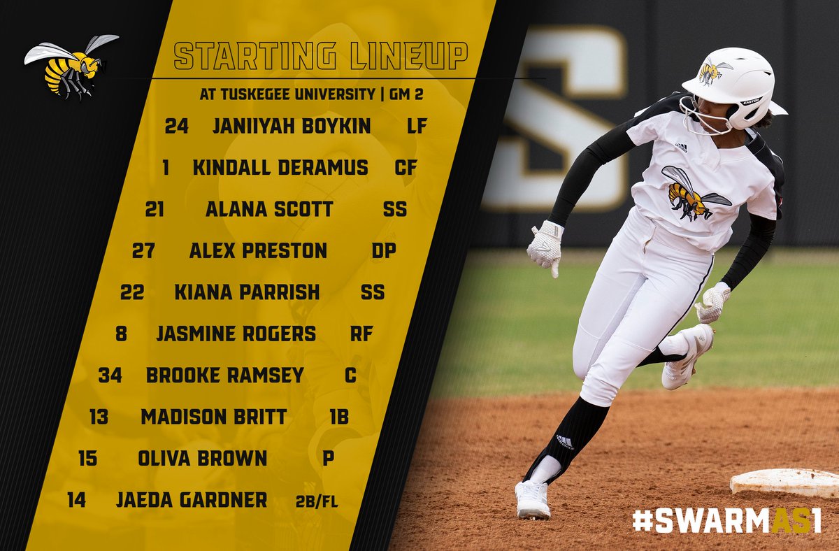 BamaStateSB's tweet photo. SB | @BamaStateSB starters for game 2! Lady Hornets shooting for the 🧹!

#IAMSWAC | #SWARMAS1
#RYSASU https://t.co/K8aa8Mu4hQ