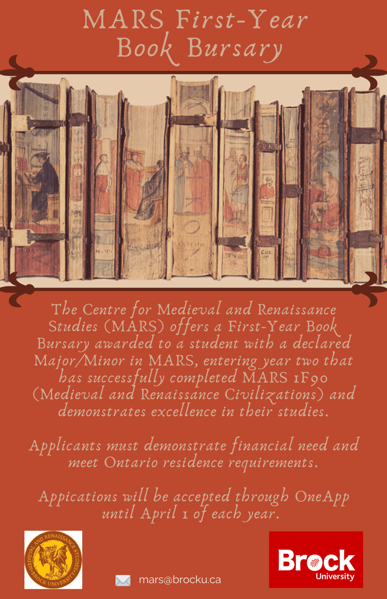 BrockUMedieval's tweet photo. And if those two fantastic events weren’t enough, MARS has a first-year book bursary! Please see the poster for details. https://t.co/uql8KgvY9u