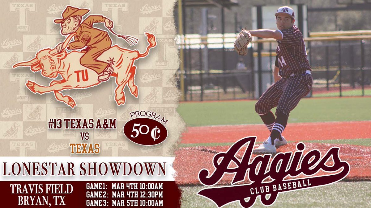 Lonestar Showdown‼️

Your #13 Aggies take on Texas in a marquee conference series this weekend!! Games are at Travis Field/Nutrabolt Stadium in Bryan. All games are free, so come out and support!! 

2200 Bomber Dr, Bryan, TX 77801

#GigEm #AgsClubBaseball
