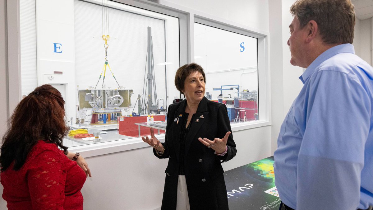 JHUAPL's tweet photo. Nicky Fox, @NASA's new associate administrator for science, visited #JHUAPL and got updates on some upcoming missions. @SolarGirl2018 saw construction of #IMAPMission, a mission to study our solar neighborhood &amp; progress on #DragonflyMission to explore Saturn’s moon Titan. https://t.co/0ozIl6BUMo