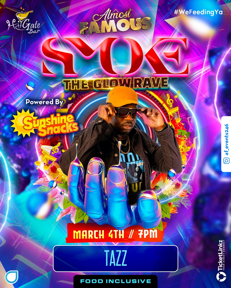 Soon raving time so let's turn it up a notch 😈

Welcome Deejay Tazz🎵 to the entertainment lineup for "SMOKE" The Glow Rave 

Powered by @sunshinesnacksbb 

#WeAlmostFamous #WeGlowing
