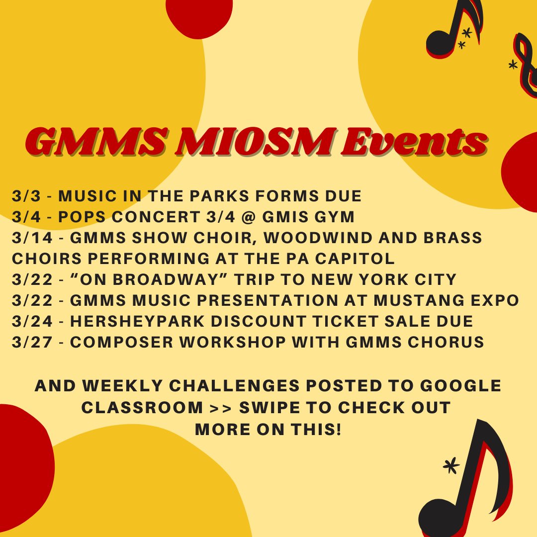 gmms_band's tweet image. Happy #MIOSM! 🎉 🎶 Check out how @GovMifflinMS will be celebrating during March! Follow along on our Instagram (@gmms_music) for more information! 🎺🎤  #MusicLivesHere #MifflinSD #MusicIsAllOfUs