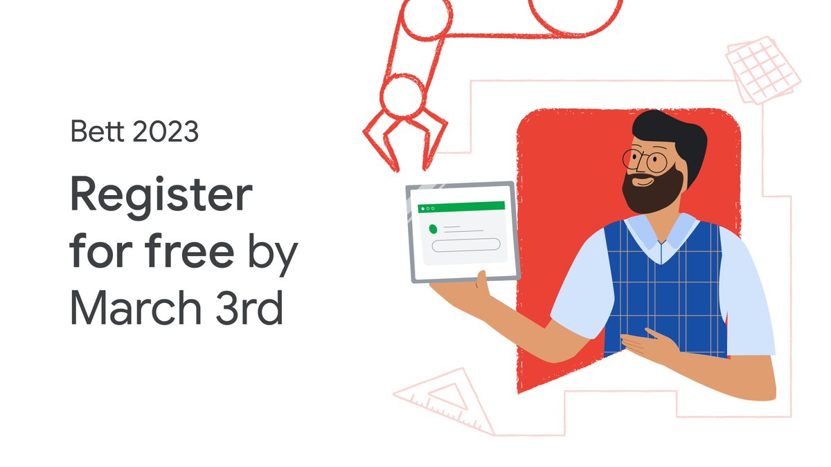 GoogleForEdu's tweet photo. Calling all UK educators: #BETT2023 is in London for three days. Join @GoogleForEdu to experience the latest #EdTech, make inspiring connections, and discuss the future of education with fellow educators.

Register for free by March 3rd → https://t.co/2XqHcRRNHR https://t.co/jMOB3LBVnl