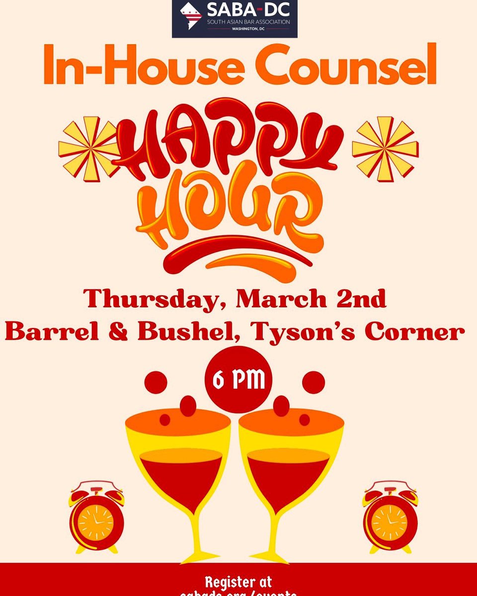 SABADC's tweet image. Join us in Tyson's Corner tomorrow evening! Meet your #SABADC colleagues for drinks and apps. If you're not in-house yet, but you want to be some day, this is a great opportunity to talk to others as you consider taking the leap. Register at sabadc.org/events.