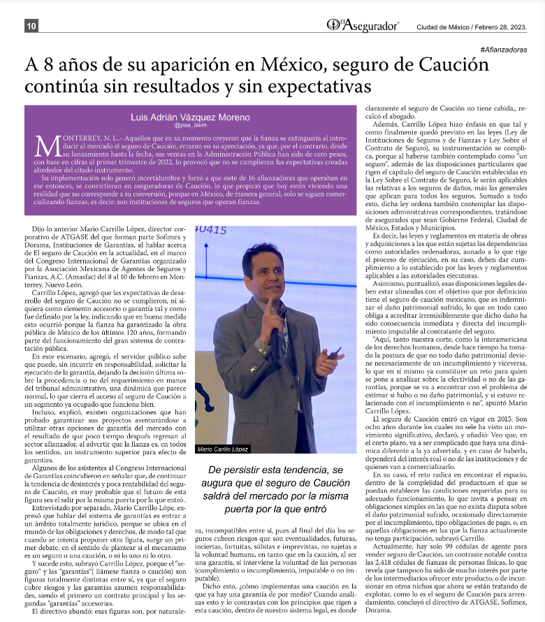 Compartimos nota que publicó <a href="/ElAsegurador/">El Asegurador</a> y que podrás ver en su edición del 28 de febrero, en marco del #CIGA2023 @aAMASFAC <a href="/AmasfacFianzas/">Amasfac Fianzas</a>, gracias <a href="/pea_lavm/">Luis Adrián Vázquez</a>  por la entrevista #Caución #Garantías #GarantizaT #PREFESA