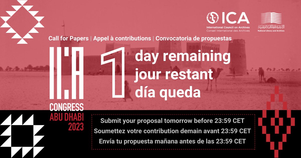 ⏳ Time is running out! 

Deadline to submit a proposal for the #ICACongressAbuDhabi 2023: 

🗓️ Tomorrow (2 March)❗ 
⏰ 23:59 CET ️ 

Send us your proposal >>> bit.ly/40fPUyi