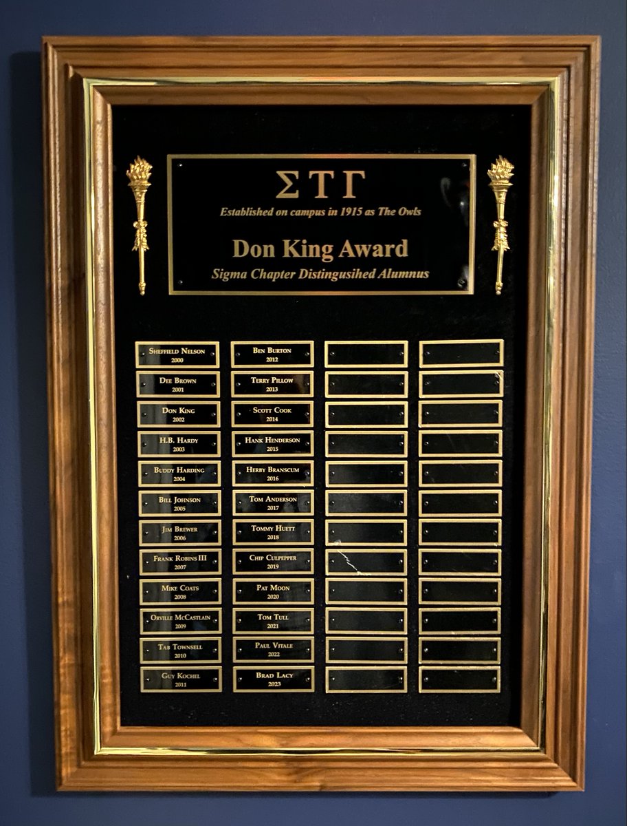 Honored to receive Sigma Chapter’s annual Don King Award for Distinguished Alumnus 2022. A heartfelt thank you to Tommy Huett, David Grimes, <a href="/KeithSvagerko/">Keith Svagerko</a>, <a href="/Saveall09/">Keith Saveall | Ksave9</a>, Chip Culpepper, <a href="/chamberbrad/">Brad Lacy</a>, and all other brothers present who made last night an unforgettable gathering.