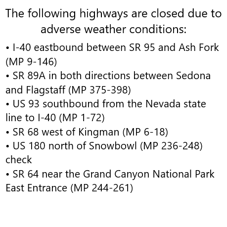 ArizonaDOT's tweet photo. I-40 EB is now closed between SR 95 and Ash Fork (MP 9-146) due to adverse weather conditions. The following highways are also closed.
#azwx #Aztraffic https://t.co/pHrB2iN9GK