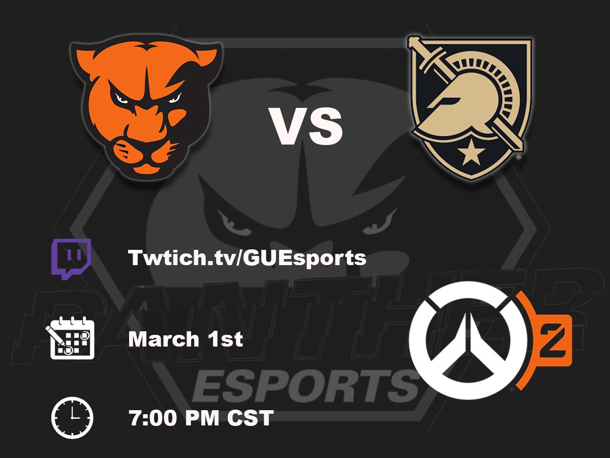 Greenville University Esports (@gvilleesports) on Twitter photo Join us tonight as the Panthers Overwatch 2 team take on the <a href="/armywpesports/">AWPE | Army West Point Esports</a> in ECAC Overwatch!!! Twitch.tv/GUEsports @ 7 PM CST!
#eSports #Overwatch2 #GUPanthers Join us tonight as the Panthers Overwatch 2 team take on the <a href="/armywpesports/">AWPE | Army West Point Esports</a> in ECAC Overwatch!!! Twitch.tv/GUEsports @ 7 PM CST!
#eSports #Overwatch2 #GUPanthers