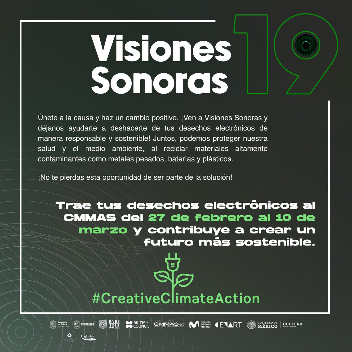 Banda de Morelia, en el @CMMASorg recibirán todo tu cascajo electrónico del 27 de febrero al 10 de marzo. Esa computadora viejita o tu colección de celulares y baterías podrán ser desechados responsablemente, contribuyendo a cuidar el medio ambiente.
#CreativeClimateAction