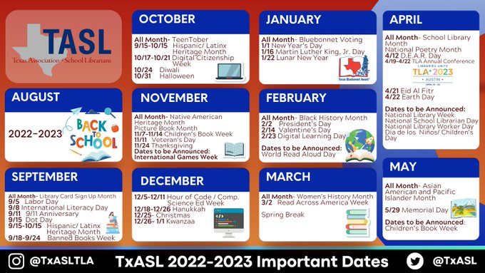 MaggieMoo86's tweet image. I sure hope that @TxASL will put one of these annual graphics out every single year! #AwesomeSauce 😎They are super helpful to us here in #HISD @HISDLibraryServ 📚🙌 #librarylove