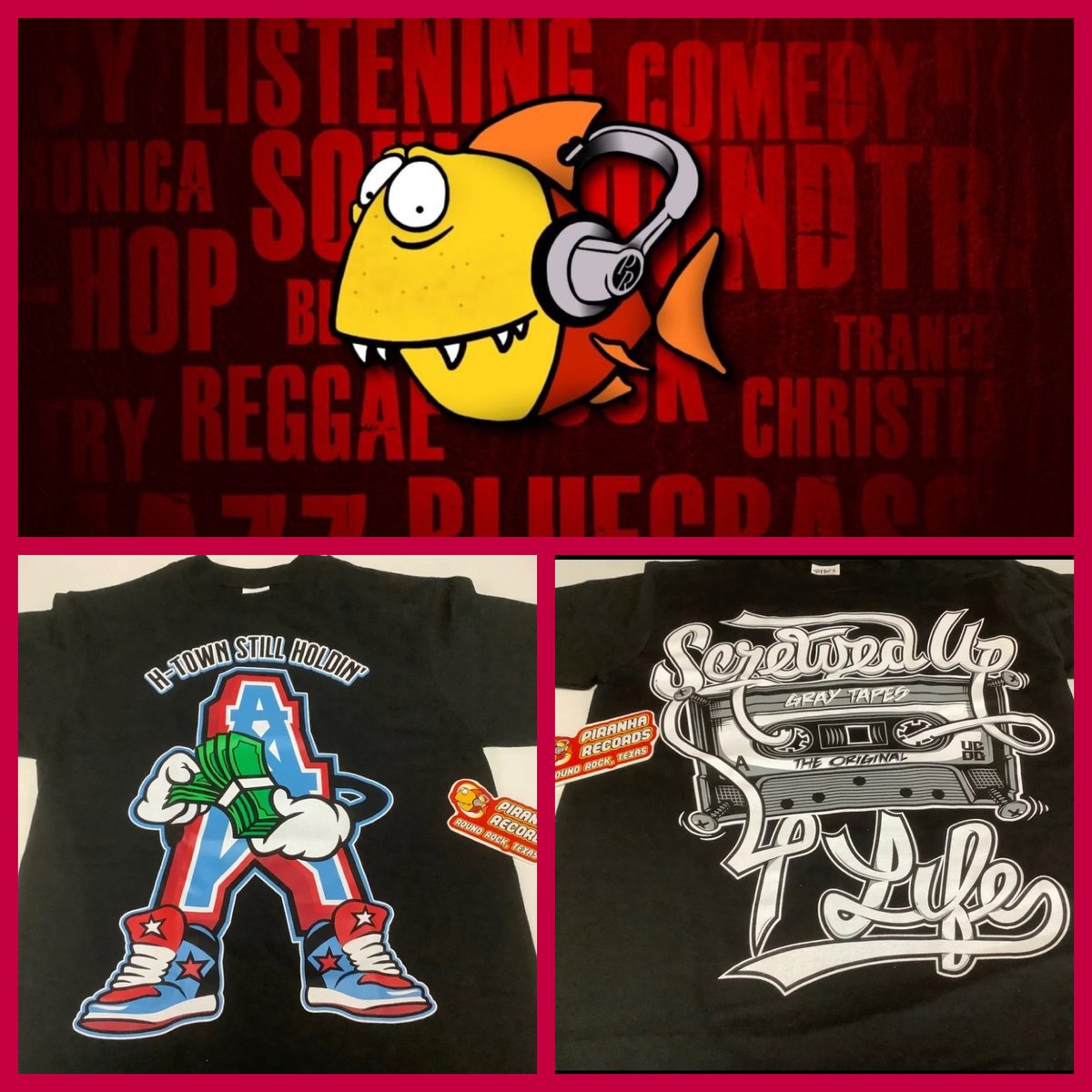 Some shirts back in stock in the eBay store or the Round Rock store 
#HTown  #SpaceCity #tape #DJScrew #PimpC #Selena #GrayTape #Shirt 

#TEXAS 
#RoundRock 
Mon - Sat  10-8
Sun  12-6 

#PiranhaRecords 
#RoundRockTX