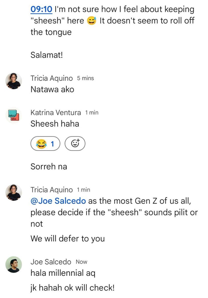 aquino_tricia's tweet photo. Sometimes revisions mean rearranging soundbites and tightening them, adding new voiceovers to improve signposting, and reducing the volume of music so it doesn't compete with the narration. Other times it's this.

(Posted with consent ni @katrventura @_JosephSal at @ninatorralba) https://t.co/4e6WEsUUuV