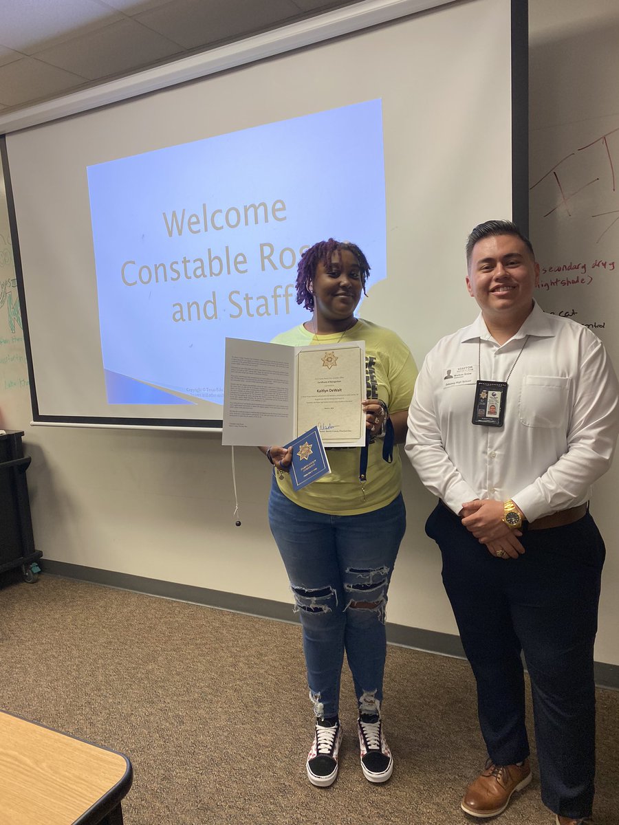 DekaneyG's tweet photo. Coach Khan’s guest, Markos Snow, from Constable Rosen’s office highlighted 4 deserving women who represent the Law Pathway beyond expectations! Way to go Briana, Kaitlyn, Estephany, &amp; Andrea! Thank you @Pct1Constable @SpringISD_CTE @SpringISD @DHS_CTE_Law @Dekaneywildcat https://t.co/oDgMjWgnVP