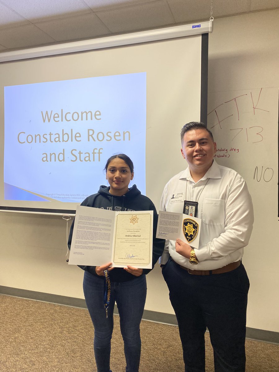 DekaneyG's tweet photo. Coach Khan’s guest, Markos Snow, from Constable Rosen’s office highlighted 4 deserving women who represent the Law Pathway beyond expectations! Way to go Briana, Kaitlyn, Estephany, &amp; Andrea! Thank you @Pct1Constable @SpringISD_CTE @SpringISD @DHS_CTE_Law @Dekaneywildcat https://t.co/oDgMjWgnVP