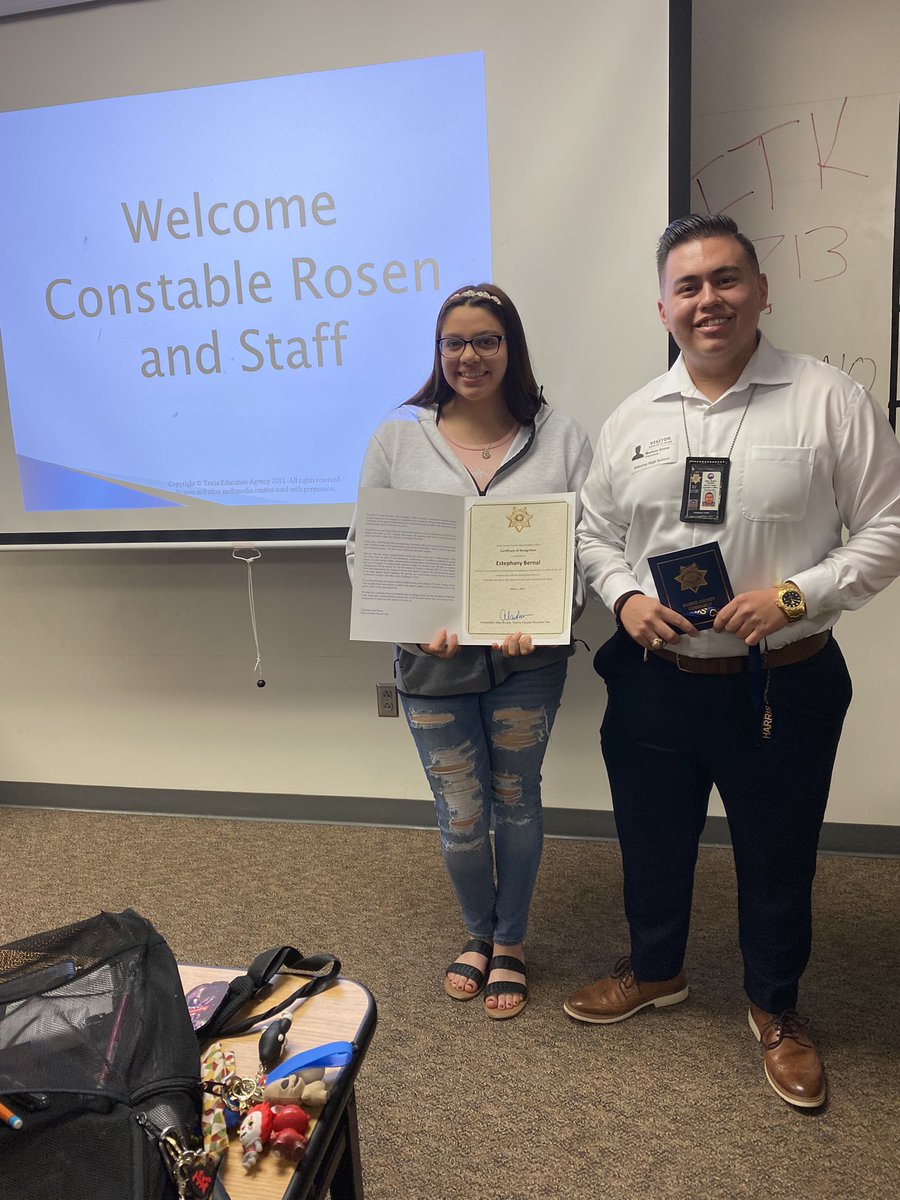 DekaneyG's tweet photo. Coach Khan’s guest, Markos Snow, from Constable Rosen’s office highlighted 4 deserving women who represent the Law Pathway beyond expectations! Way to go Briana, Kaitlyn, Estephany, &amp; Andrea! Thank you @Pct1Constable @SpringISD_CTE @SpringISD @DHS_CTE_Law @Dekaneywildcat https://t.co/oDgMjWgnVP