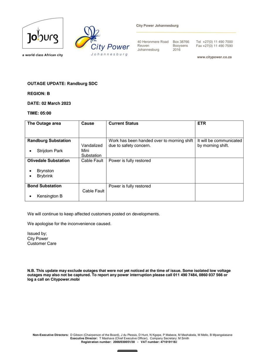 CityPowerJhb's tweet image. Region B #RandburgOutage 

#Olivedale and #Bond Substations are fully restored.  ^NT