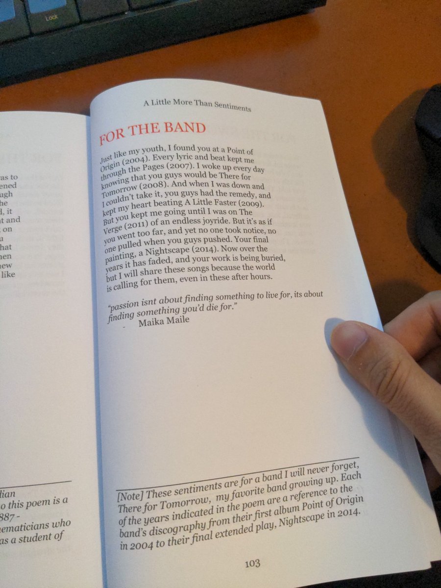 sighhhhhmondays's tweet photo. Finally, published my poetry book, here's a poem from the book inspired by one of my favorite bands of all time, there for tomorrow
Buy it now on Amazon: https://t.co/FTETHvAwG8
#therefortomorrow #BookPromo #writers #poem
#poetry #WritingCommunity
@therefortmrw @MaikaMaile https://t.co/HK6LXcm57k