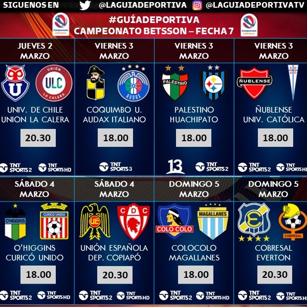 Laguadeportiva1's tweet photo. 🇨🇱 #SeptimaFecha Campeonato Betsson 2023, que se juega entre el jueves 2 y domingo 5 de marzo.
➡️ #Palestino v #Huachipato por @canal13 , @deportes_13 .

🇨🇱 #CuartaFecha Ascenso Betsson 2023, que se juega entre el sábado 4 y martes 7 de marzo. https://t.co/FLvd9MeB1K