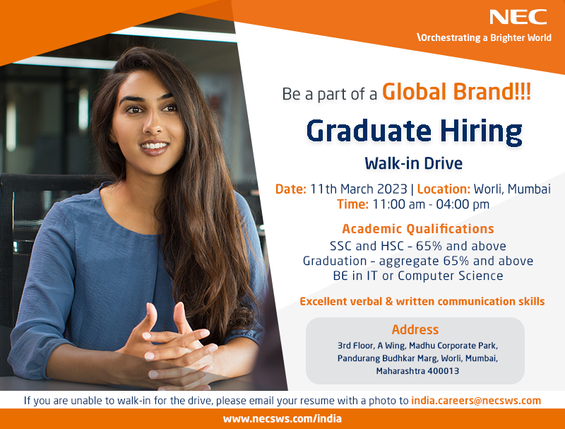 NECSWS_India's tweet photo. Start your career with us @NECSWS_India! 

We are conducting walk-in drive for graduates on 11th March at our Worli Office. 

#CareerOpportunities #JobOpenings #Career #Recruitment #GraduateHiring https://t.co/RKCzQQ9tqd