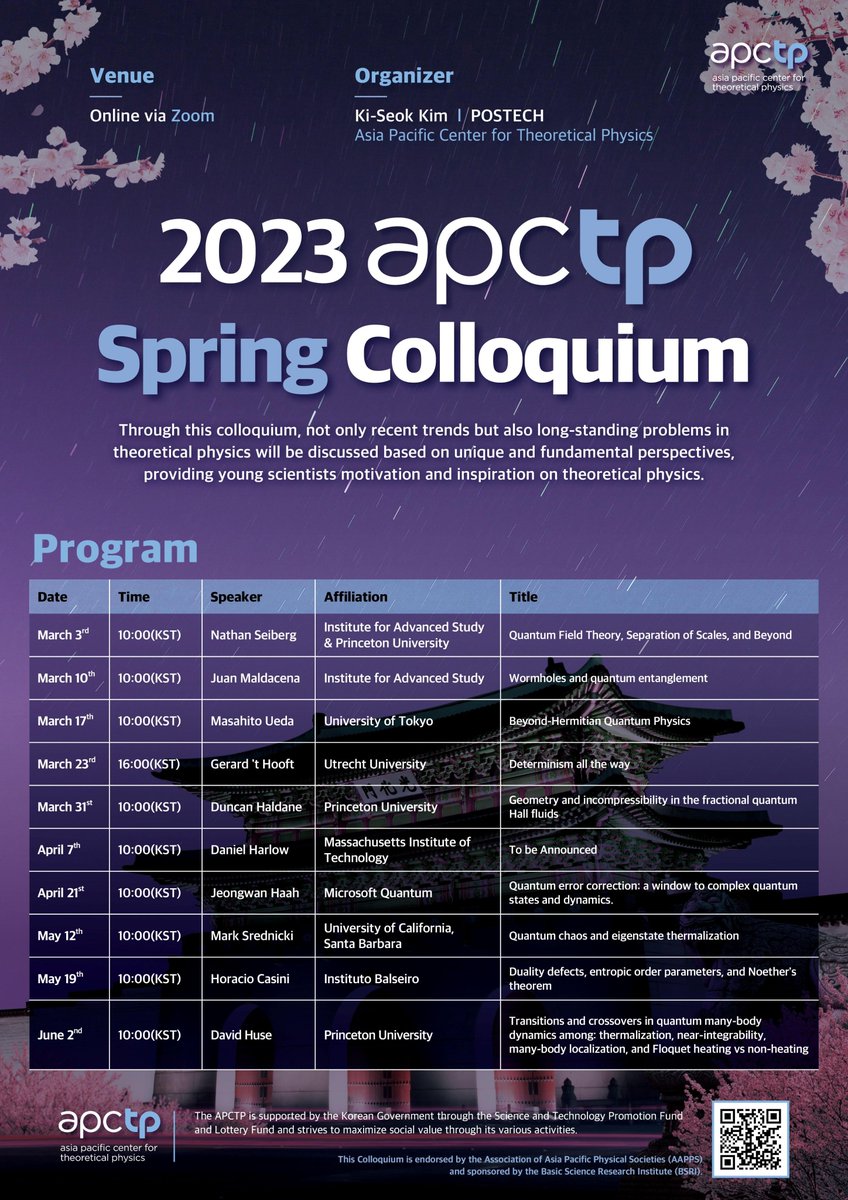 💁‍♂️[APCTP Colloquium]💁‍♂️

2023 APCTP Spring Colloquium, March ~ June

🙌Program: 2023 APCTP Spring Colloquium
🙌Period: March ~ June, 2023
🙌Place: Online via ZOOM