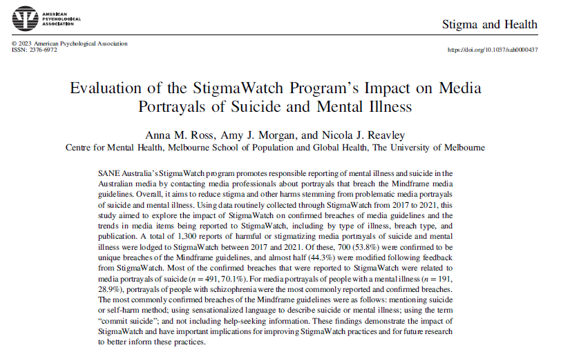 We partnered with <a href="/SANEAustralia/">SANE</a> to evaluate the impact of their StigmaWatch program. Over the past 5 years, 45% of the media items reported to SW were modified. Great progress has been made, with even more to come🙌Read more about what we found: go.unimelb.edu.au/b36s <a href="/uommedia/">UniMelb Newsroom</a>