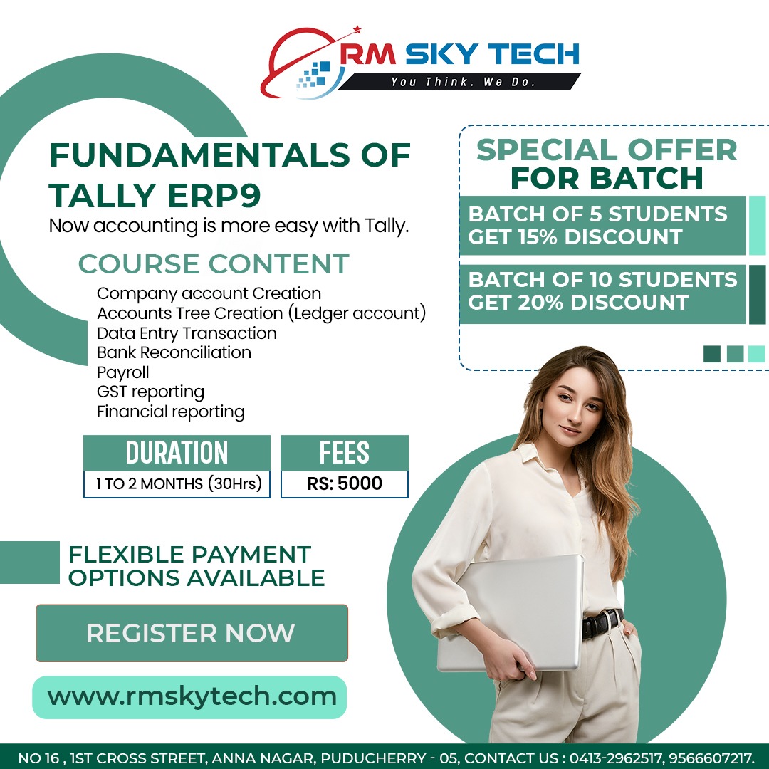 RMSkyTech1's tweet image. 📈 Now, managing accounting tasks has become a lot easier with Tally ERP9! 💻

Our course on the fundamentals of Tally ERP9 covers everything you need to know to get started:

🔍💻🌐 Google search "Rm Sky Tech" for more information

#TallyERP9 #AccountingMadeEasy #rmskytech