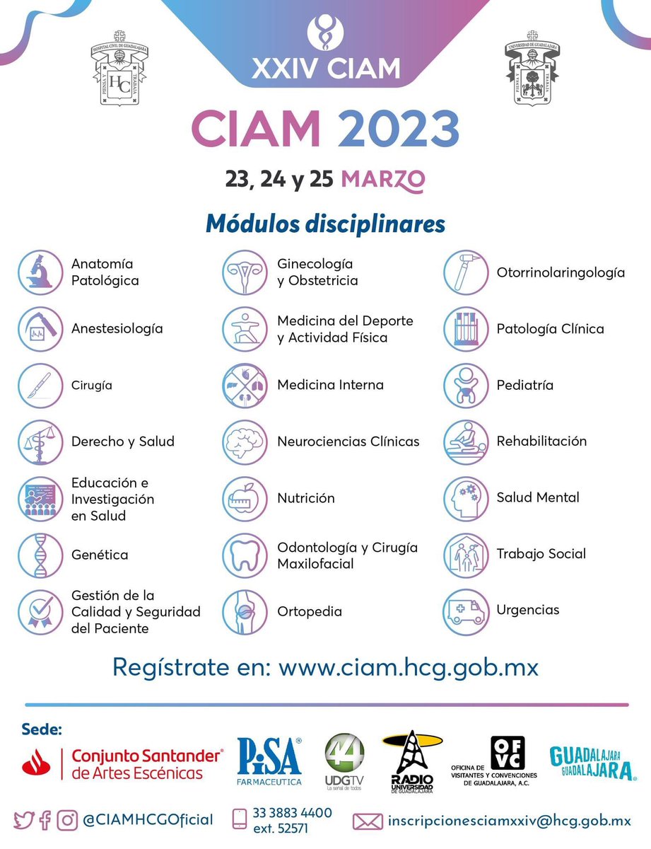OficialCUCS's tweet photo. Este año se llevará a cabo el XXIV Congreso Internacional Avances en Medicina 🩺💊 (CIAM 2023) los días 23, 24 y 25 de Marzo 🗓, por lo que en esta imagen te compartimos los módulos disciplinares que estarán disponibles. ✨

Más información 👉 https://t.co/fyMYm77uLi https://t.co/W1Ye44yznc