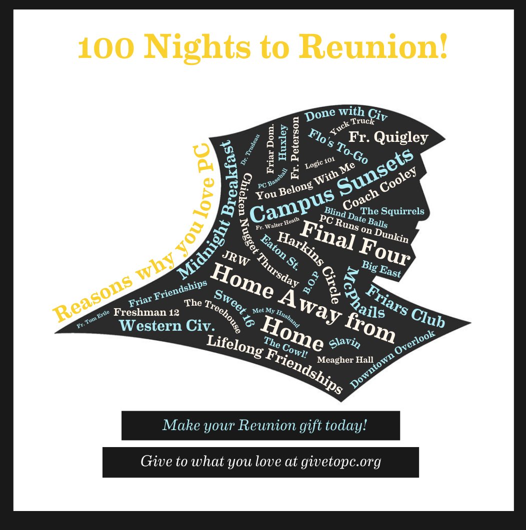 100 nights to @PC_Alumni reunion. Really glad Freshman12 and TheTreehouse made it on this old school graphic. Is this what we really made before memes and TikTok @KatherineHyp? #foreverafriar