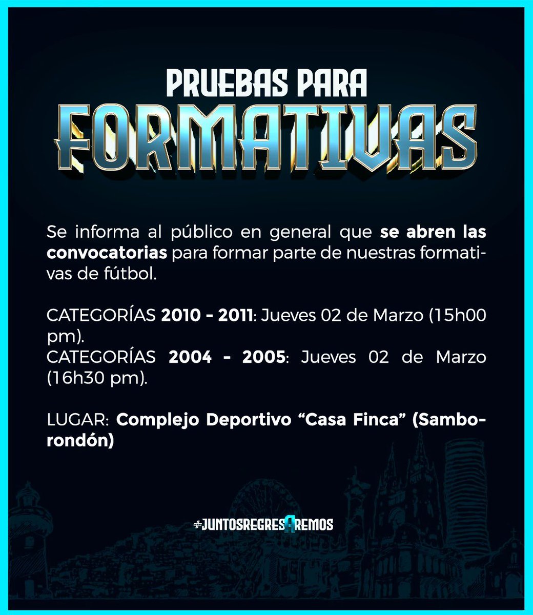 Formativas9Oct's tweet photo. ‼️ATENCIÓN‼️

Ven y forma parte de las Súper Formativas del #9DeOctubre.🫡⚽️

Categorías: 2004 - 2005 - 2010 y 2011. ✅

#juntosregresAremos
#LaNueveEsperanza https://t.co/KWcJPZUn5v
