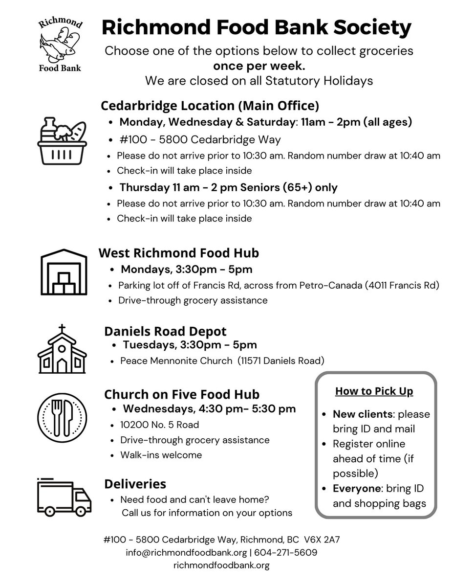 RFBSociety's tweet image. DISTRIBUTION HOURS: We are open Mon, Wed, and Sat, 11am-2pm at #100-5800 Cedarbridge Way, as well as Thurs, 11am-2pm for a seniors only (65+) distribution. We also have 3 offsite depots. Visit our website for more info or to register as a new client. 

richmondfoodbank.org/get-help-our-s…
