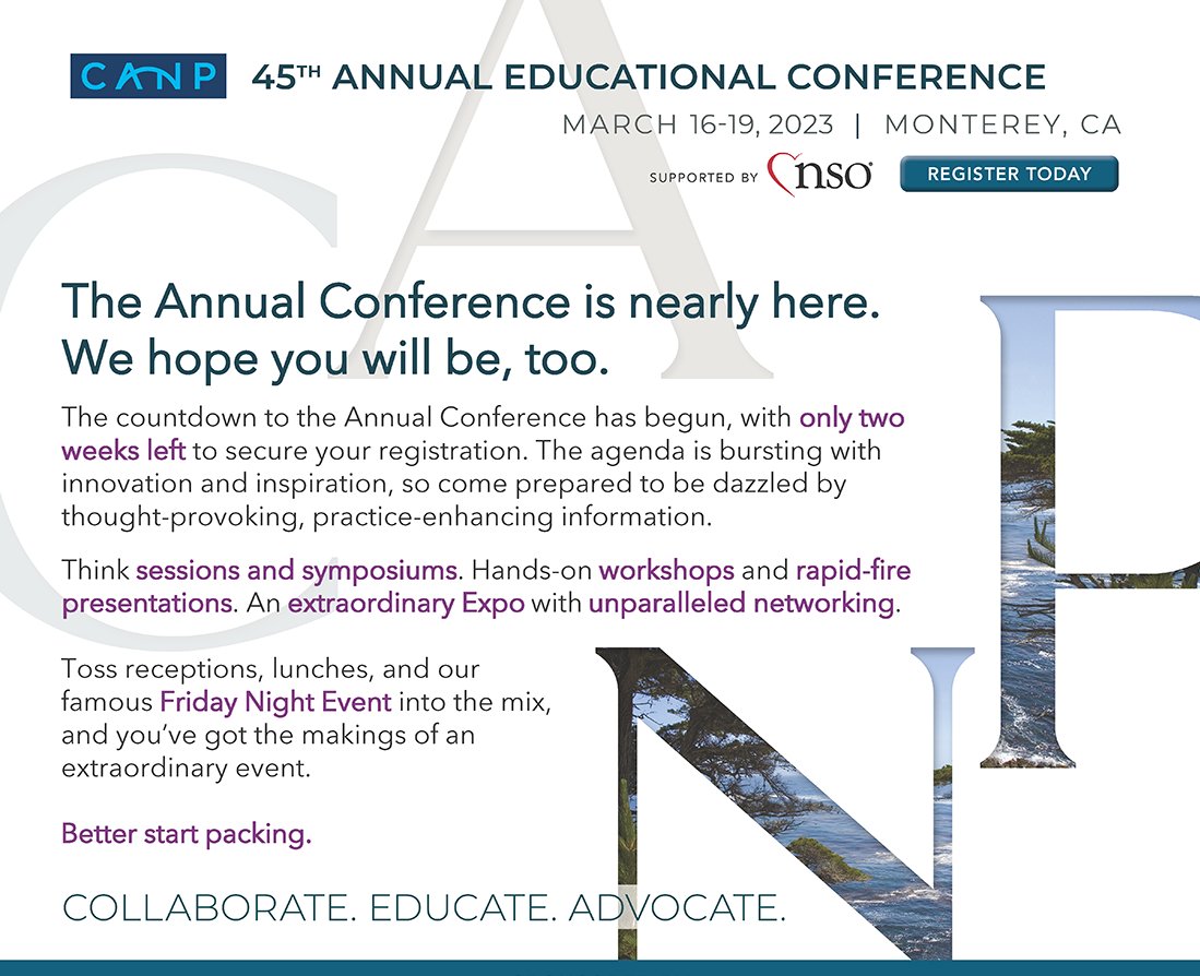 CaliforniaNP's tweet photo. It's all happening in TWO WEEKS! Are you registered for #CANP45? This year's agenda is one for the record books. And if you can't join us in Monterey, make sure to check out the on-demand option (CE and Rx credits apply). Register here: https://t.co/66Hb3v1HHs https://t.co/cLNwIbxVzW